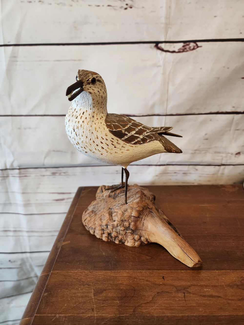 Hand Carved & Painted Brown & White Decorative Shorebird Figurine